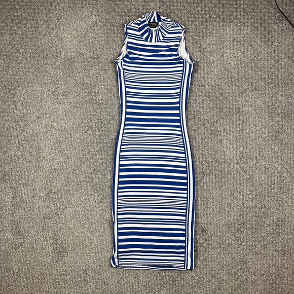 bebe Dress Womens Small Nautical Blue White Striped Mock Neck Bodycon Midi Knit - Picture 1 of 9